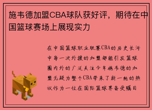 施韦德加盟CBA球队获好评，期待在中国篮球赛场上展现实力